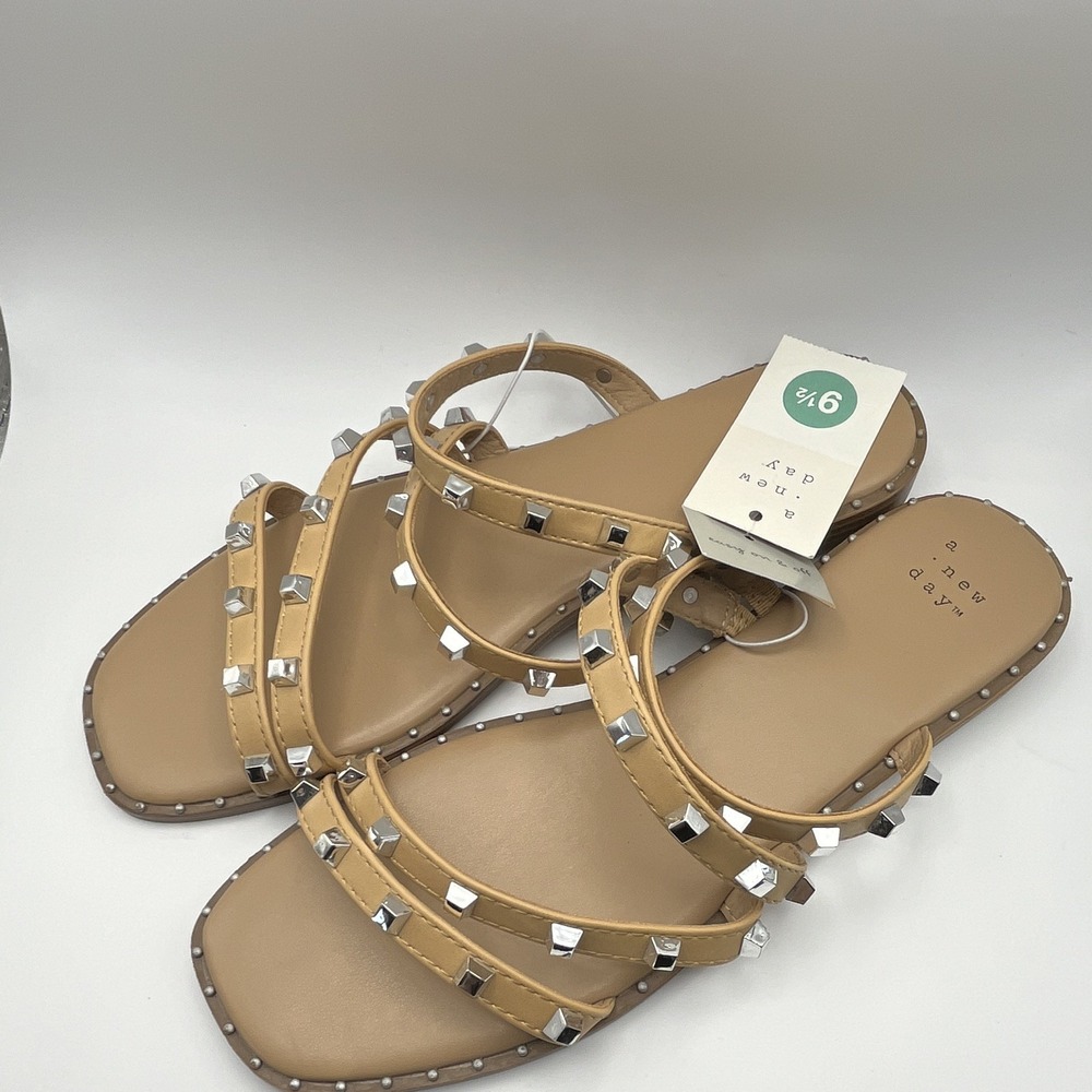 A New Day Women's Beige Studded Strappy Slip On Flat Sandals Casual Size 9.5